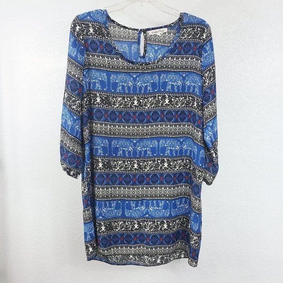 Wishful Park Women's Blue Long Sleeve Scoop Neck Elephant Top Tunic Shirt Blouse - Picture 1 of 12